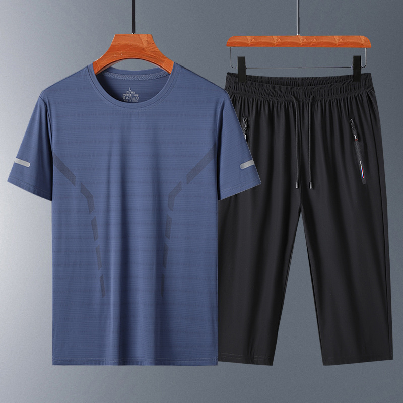 Papa de verano traje deportivo casual hombre de verano delgado rápido secado de manga corta hombre pantalones sueltos de dos piezas