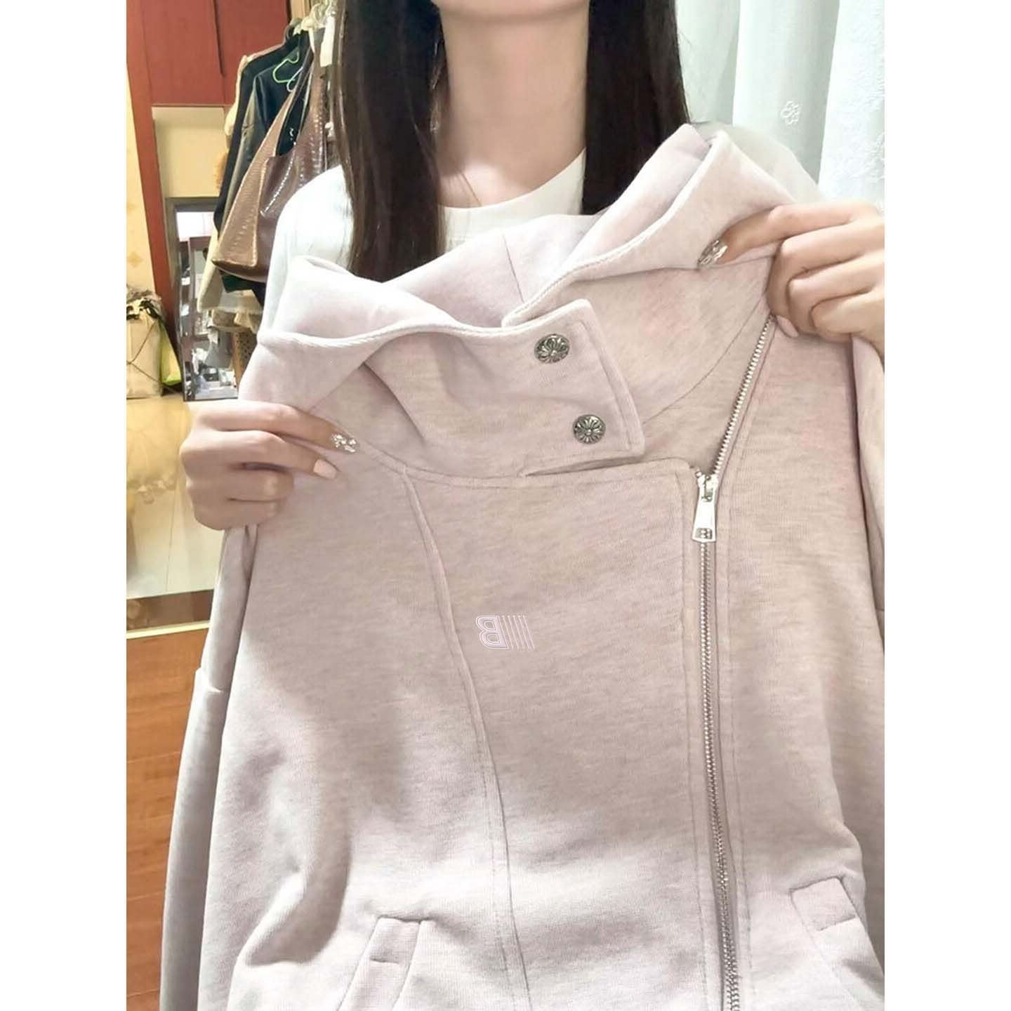 韩系温柔风粉色连帽开衫卫衣女春秋宽松小个子设计感休闲情侣外套