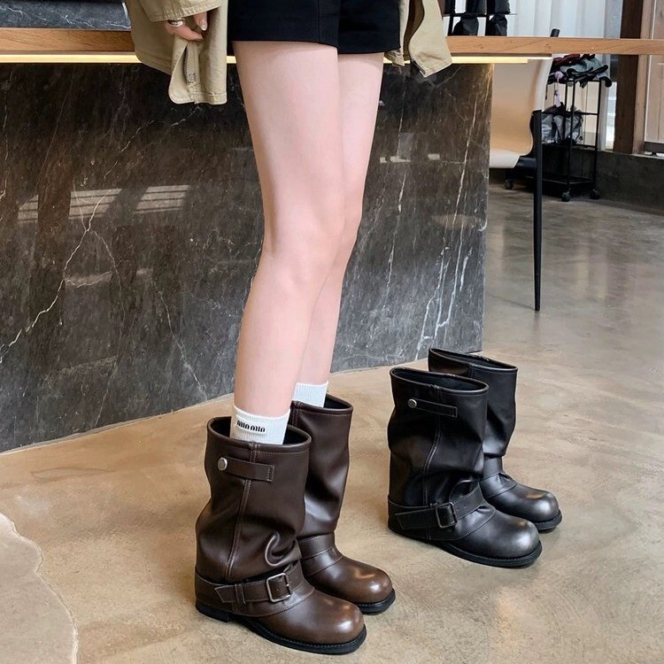 2025 Autumn New Western Cowboy Boots Women's Pleated Pile Martin Boots Black Retro Fashion Thick Heel Trouser Boots