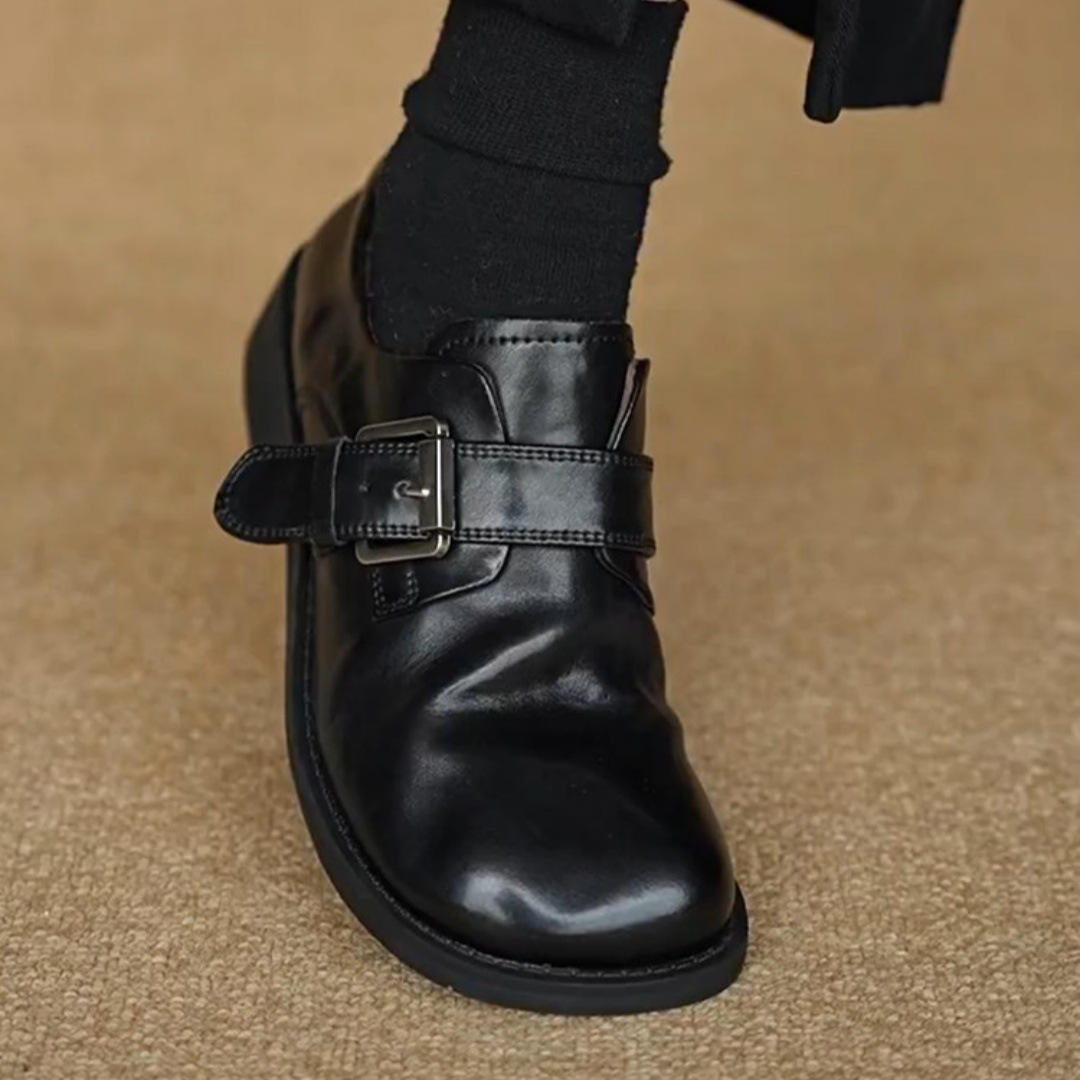 British Style Belt Buckle Loafers for Women, Black Round-Toe Chunky Heel Commuter Leather Shoes, Deep-Cut Slip-On Women's Shoes