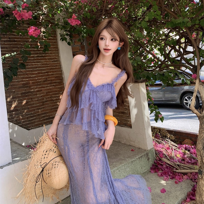 New Style Women's Clothing with a Slimming Effect, Elastic Waist, Semi-Transparent Lace, Long Skirt, and Thin Strap Top New Style Women's Clothing with a Slimming Effect, Elastic Waist, Semi-Transparent Lace, Long Skirt, and Thin Strap Top