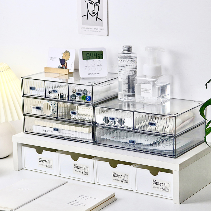 Caja de almacenamiento de escritorio rayada transparente de aspecto alto de múltiples capas de montaje-Cuenta de mano libre artículos diversos de gran capacidad de acabado