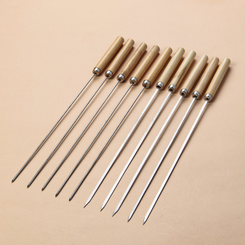 Manufacturer wholesale wooden barbecue skewers with handle stainless steel barbecue needle barbecue fork wooden handle non-magnetic round skewer flat skewer