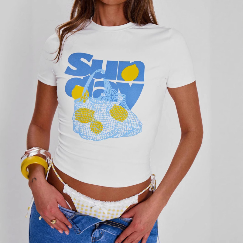bsready アメリカンインレディース夏新デザインレタープリントタイトフィットホットガールへそ丸首半袖Tシャツ|undefined
