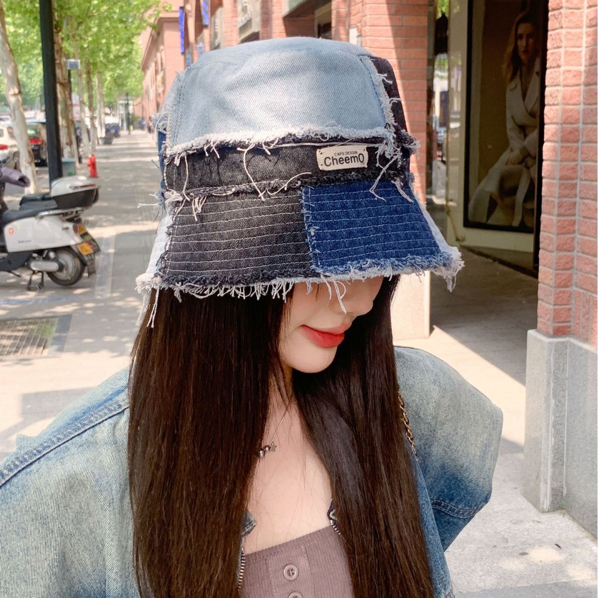 Cappello da cowboy in denim da donna con bordo sfilacciato_voghion.com