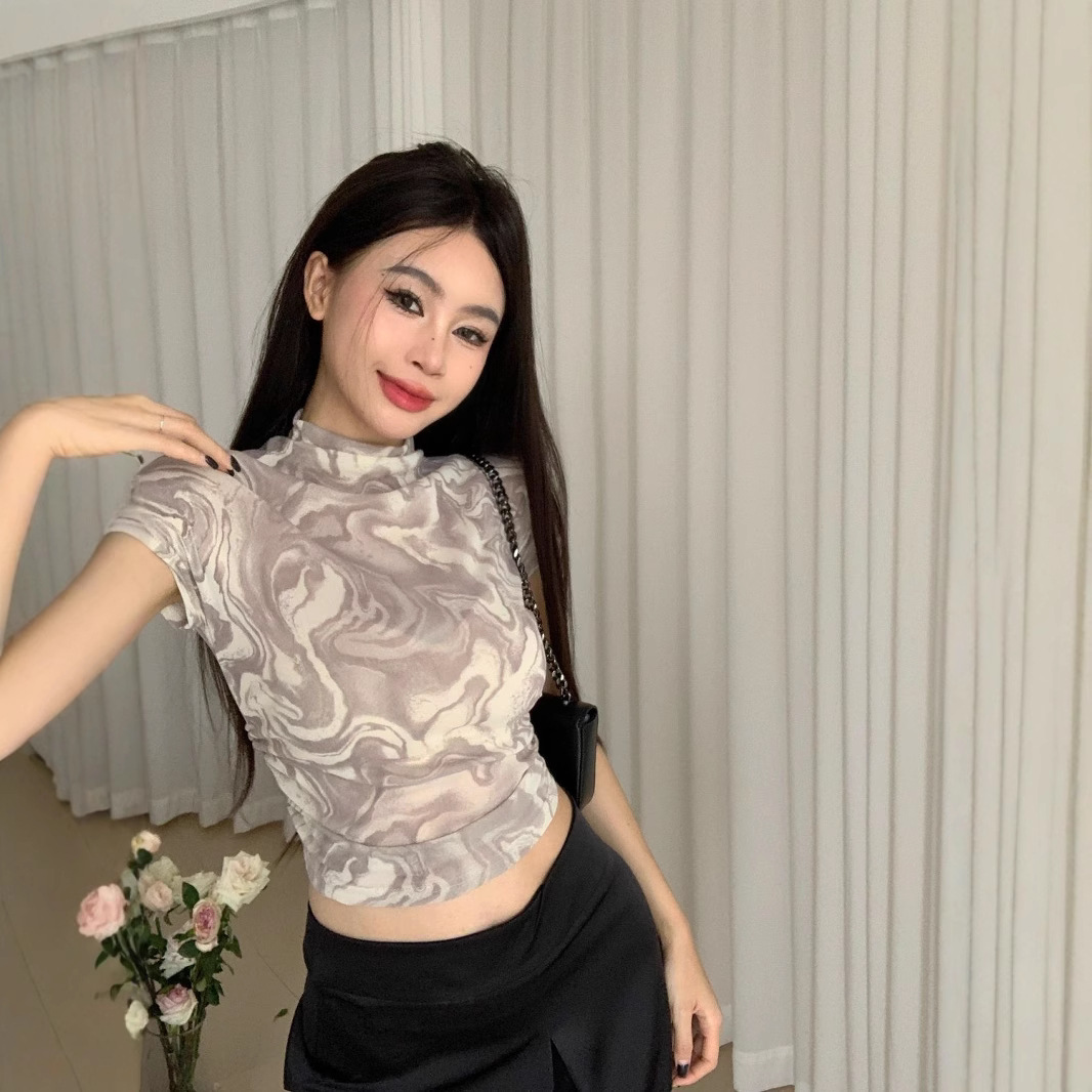 아메리칸 핫걸 스머지 하프 터틀넥 반팔 티셔츠 여성용 2025 여름 신작 슬림핏 쇼트 탑