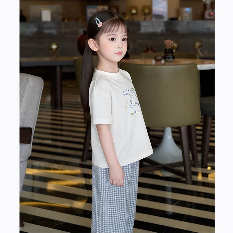 童装夏季新款蓝色清新小众女童纯棉轻薄格子阔腿裤套装2025|undefined