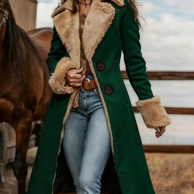 Cross-Border European and American Denim Women's Western Retro Trench Coat, Plush Autumn and Winter Fashion Warm Jacket, In-Stock Solid Color Series Cross-Border European and American Denim Women's Western Retro Trench Coat, Plush Autumn and Winter Fashion Warm Jacket, In-Stock Solid Color Series