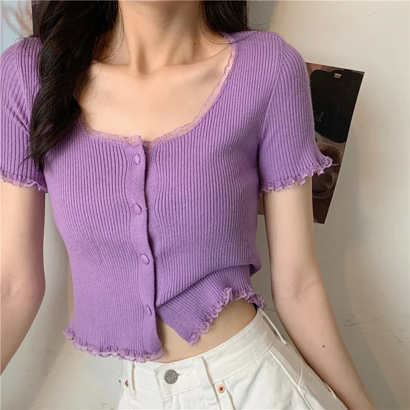 French Retro Girl Soft Waxy Lace Round Neck Knitted Shirt High Waist Short Side Summer Short Sleeve T-Shirt Top