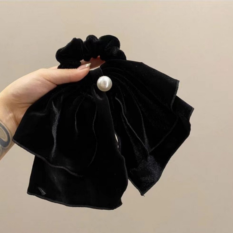 黑色丝绒蝴蝶结大肠发圈飘带发绳高级感马尾低丸子头皮筋发饰批发