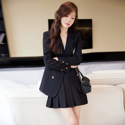 Blue blazer women's spring and autumn new style small high-end street college style casual pleated skirt two-piece set