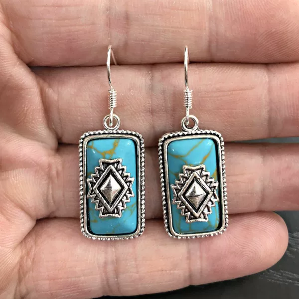 Suxin Cross-Border Wish Hot Selling Retro Geometric Inlaid Turquoise Earrings Fashion Ethnic Style Women's Earrings Wholesale