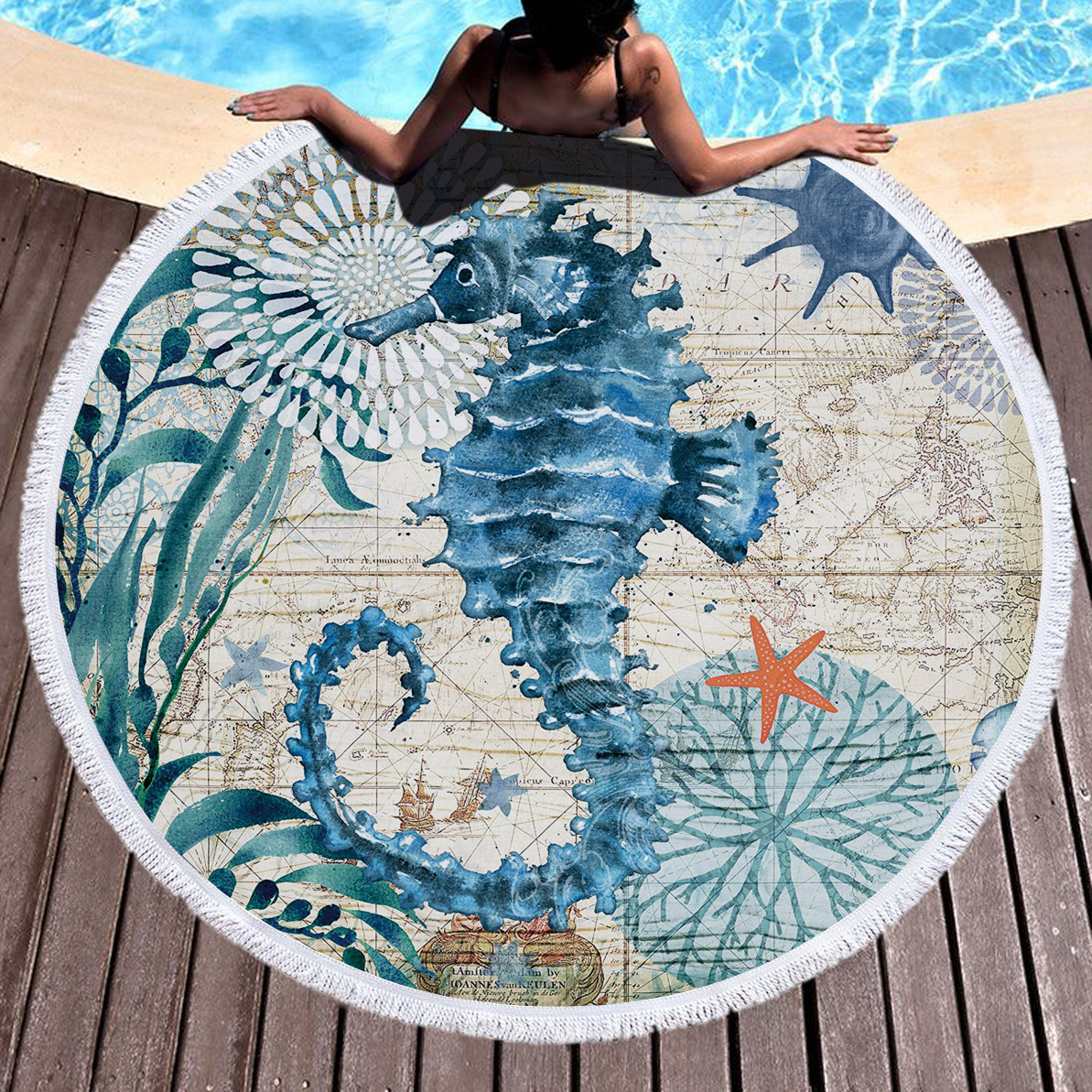 Round towel sarong 150cm - marine animal prints