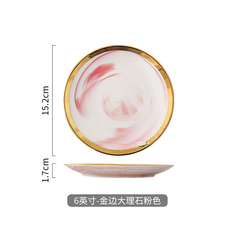 Nórdico creativo borde dorado cerámica marmolado placa Occidental Placa de pasta hogar Placa de filete Placa de postre Placa de oscilación