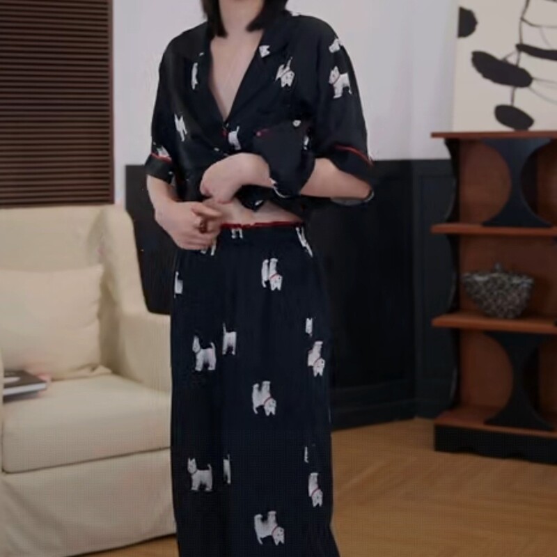 2025 New Tencel Women's Pajamas Summer High-End Cartoon Printed Short-Sleeved Pants Suit Puppy Home