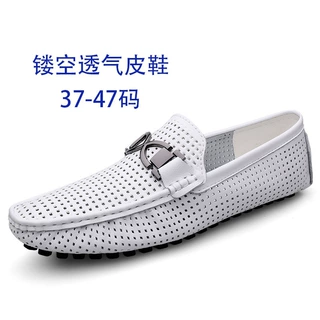 夏季皮鞋男透气薄款软底软皮男士凉鞋镂空洞洞懒人休闲豆豆鞋