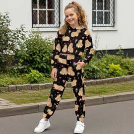 来图制定卡皮巴拉图案印花儿童家居服亚马逊热卖女童长袖运动套装