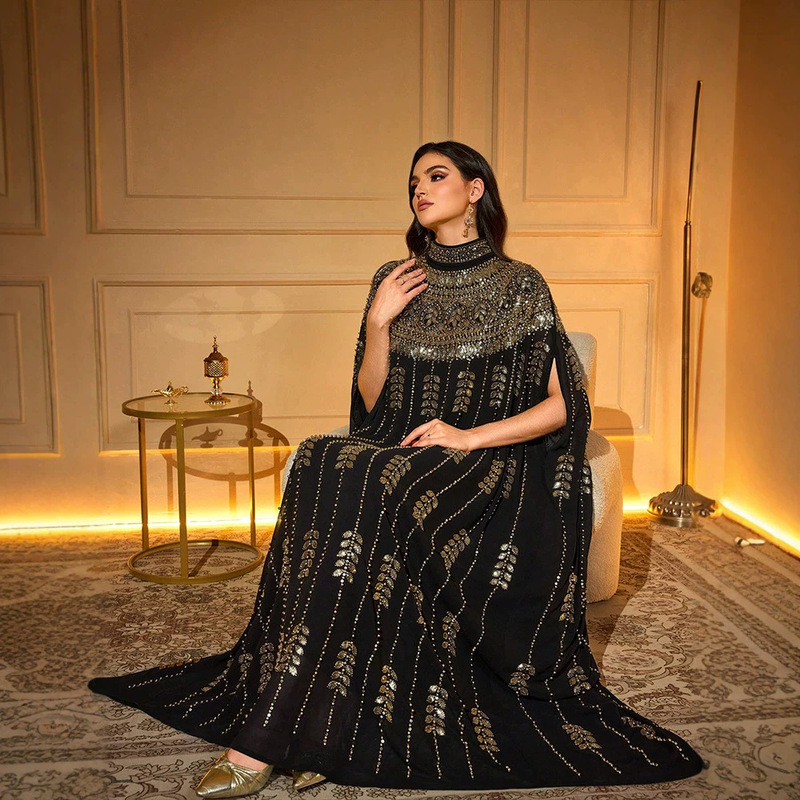KY2674 Cross-Border Women's Elegant Long Gold Beaded Embroidered Bat Sleeve Dress with Stand Collar Luxurious Evening Gown KY2674 Cross-Border Women's Elegant Long Gold Beaded Embroidered Bat Sleeve Dress with Stand Collar Luxurious Evening Gown