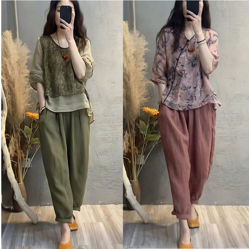 Fashion Plus-Size Cotton and Linen Women's Summer New Loose Slimming Printed Patchwork Top and Harem Pants Two-Piece Set