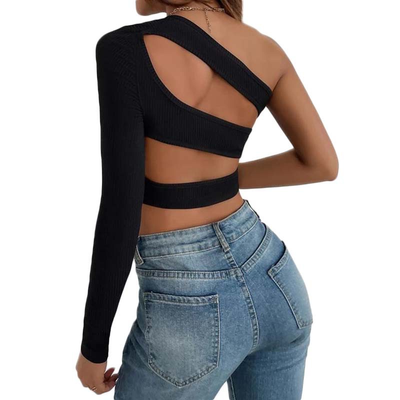 Ribbed Bottoming Oblique Shoulder Hollow Top NSHPH108443