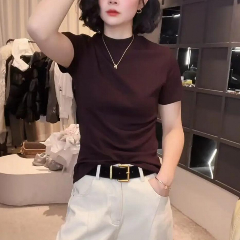 Women's Short-Sleeved Shoulder T-Shirt with French Crewneck 2025 Summer Short Stretch Slim-Fit Hot Girl Style Slimming Short Top for Women Women's Short-Sleeved Shoulder T-Shirt with French Crewneck 2025 Summer Short Stretch Slim-Fit Hot Girl Style Slimming Short Top for Women