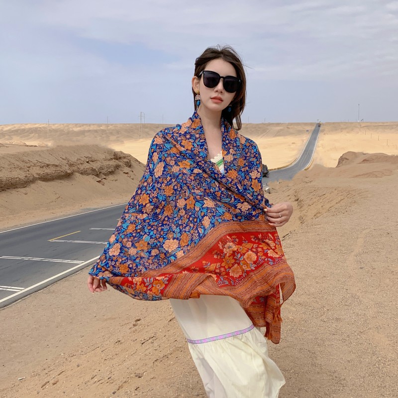 2023 Nuevo Yunnan Lijiang Viajes vacaciones chal rojo y azul con estilo étnico bufanda de algodón y lino sensación bufanda para las mujeres