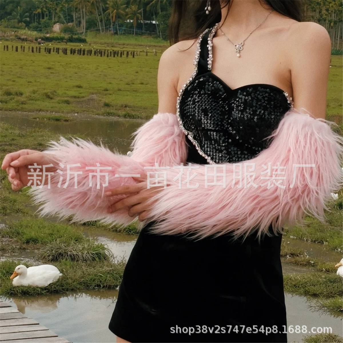 Y2K千禧辣妹亚文化仿皮草女团粉色秋冬复古毛毛跳舞甜妹风手袖套