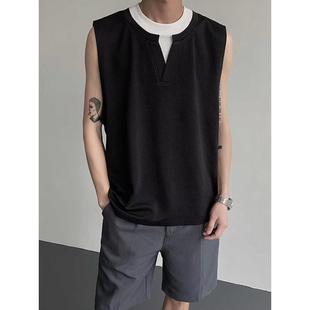 [Premium] ◆ Self-Service Shopping ◆ 2024 Summer Youth Hong Kong Style Trendy Handsome Fake Two-Piece V-Neck Casual