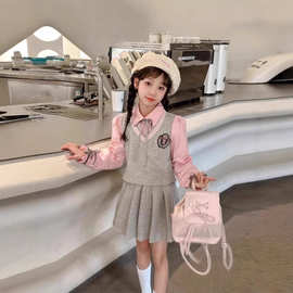 女大童学院风套装新款春季拼接衬衫马甲裙子假两件套洋气百褶裙子