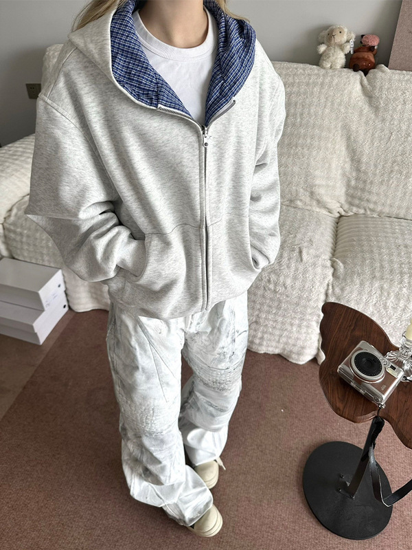 Plaid Design Reversible Hooded Cardigan Sweatshirt for Women 2025 New American Retro Couple Jacket Top Trendy