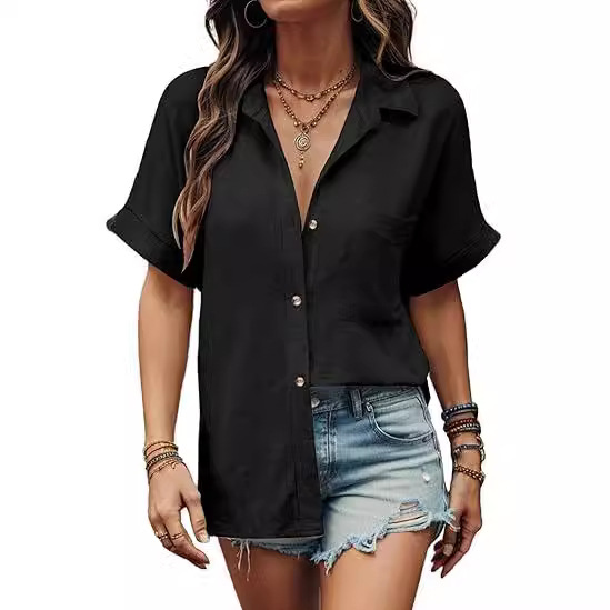 Amazon European and American Cross-border Women's Summer New Women's Short-sleeved Fashion Single Pocket Button Top Casual Shirt