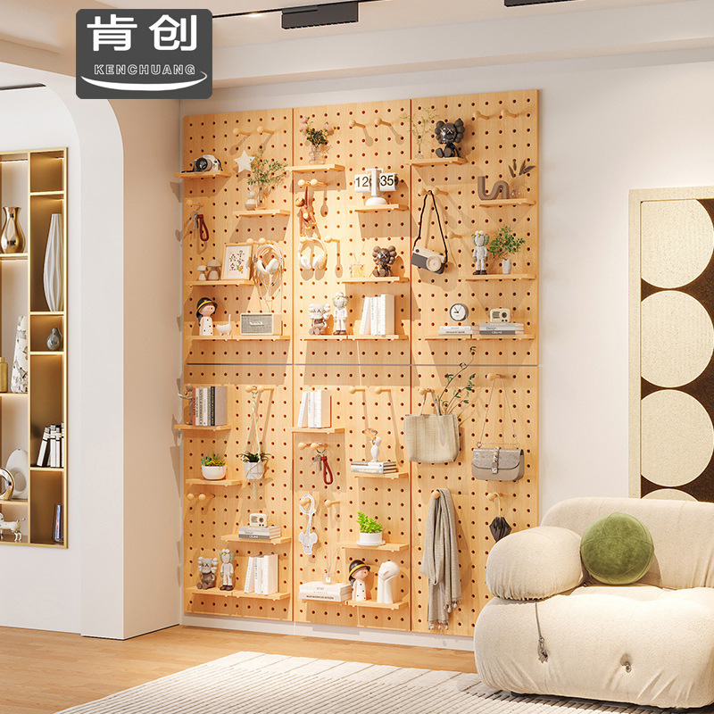 Solid Wood Hole Board Nordic Wall Partition Storage Rack Decorative Laminated Board Home Wooden Entrance Storage Rack Display Rack