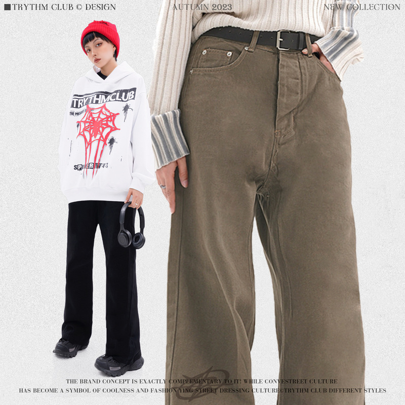 WHOOWAP American washed distressed gray green mopping jeans vintage straight fashion brand button couple trousers WHOOWAP American washed distressed gray green mopping jeans vintage straight fashion brand button couple trousers