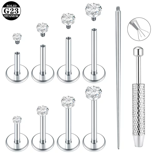 Zhenping G23 Titanium Alloy Round 5A White Zirconium Four-Prong Threaded Nose Stud, Ear Stud, Lip Stud, Earlobe Stud, Internal Thread Body Piercing