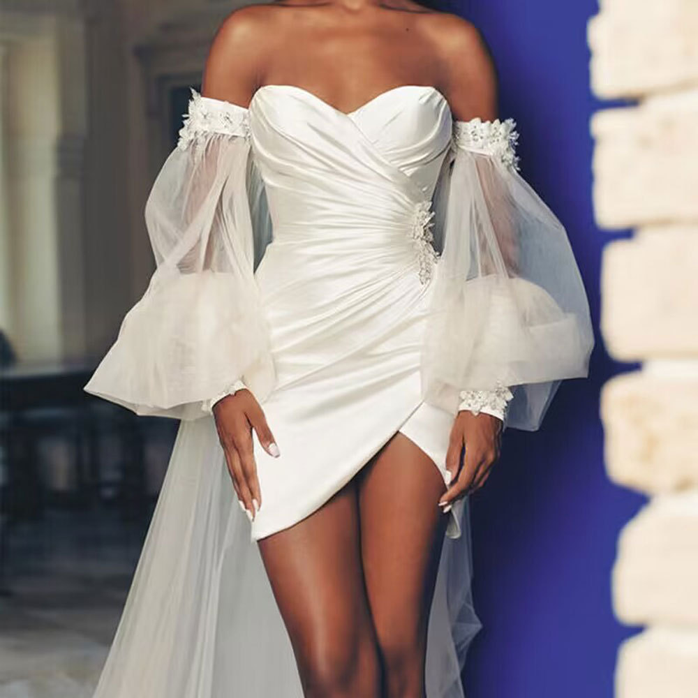 Comercio exterior europeo y americano Amazon AliExpresswish temperamento vestido de novia corto de malla de pecho burbuja vestido de novia de manga larga