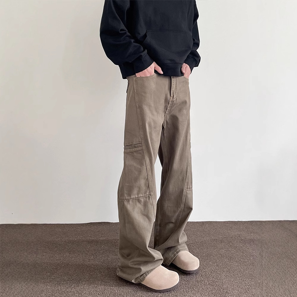 美式复古棕色工装裤男高街潮牌美拉德直筒微喇cleanfit休闲长裤子