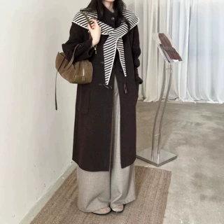 韩系大衣2026新款毛球针织围巾女秋冬大衣长款加厚双面毛呢羊毛女