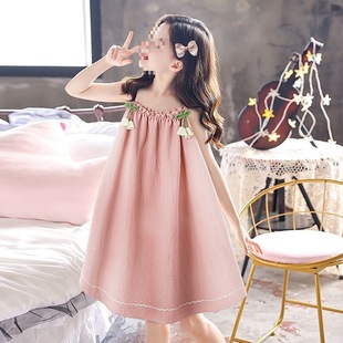 Girls' Nightgown, Medium and Large Children's Summer Thin Mother-Daughter Parent-Child Girl's Dress, Cotton Silk Strap Dress, Children's Pajamas