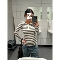 美式复古黑白条纹亨利领长袖Tt恤女秋季2025新款修身收腰辣妹上衣
