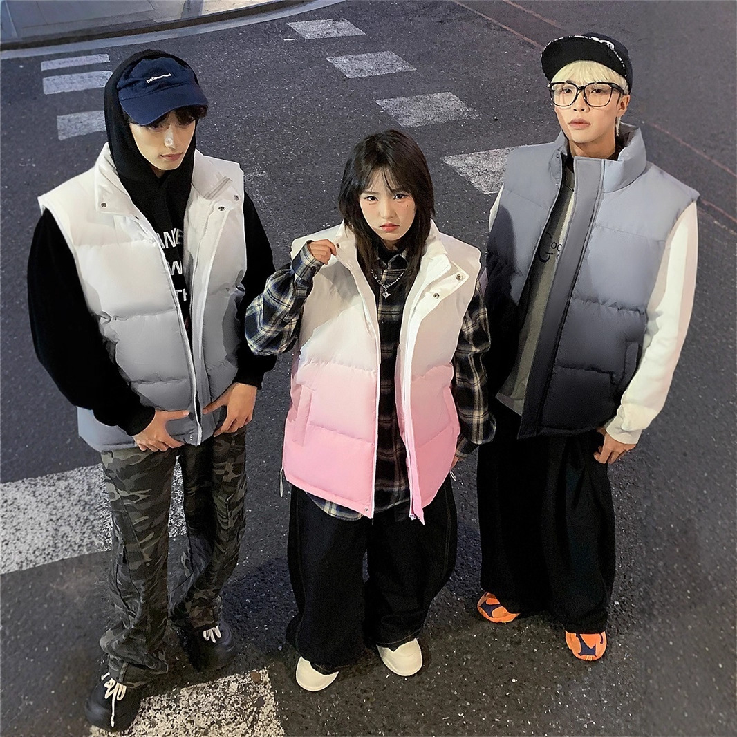 渐变色立领棉马甲男女美式潮牌休闲无袖棉服马夹加厚保暖坎肩外套