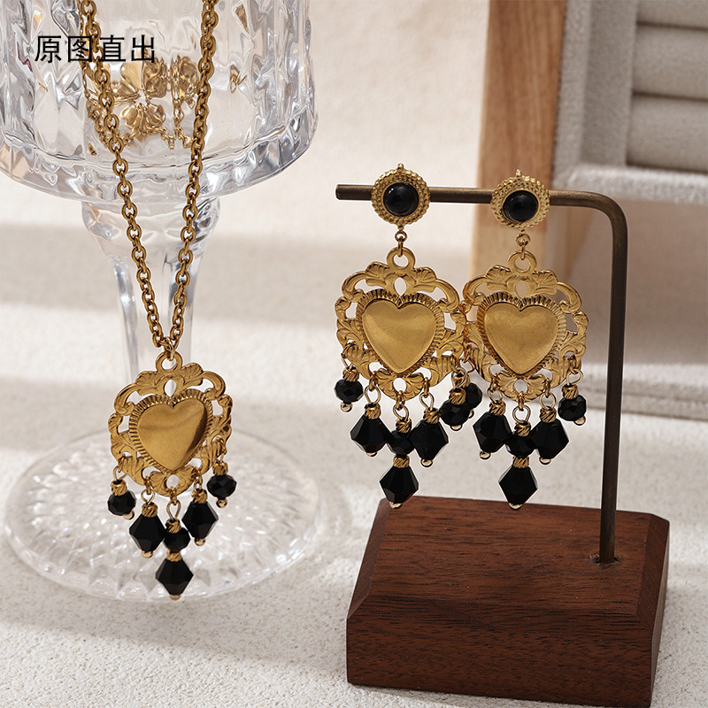 TENA estilo retrógrado largo colgante de cuentas negras bordas amor pendientes de estilo palacio personalidad exagerada pendientes para mujeres