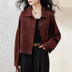 安可拉红牛仔外套女2025新款春秋小个子短款宽松休闲复古夹克上衣