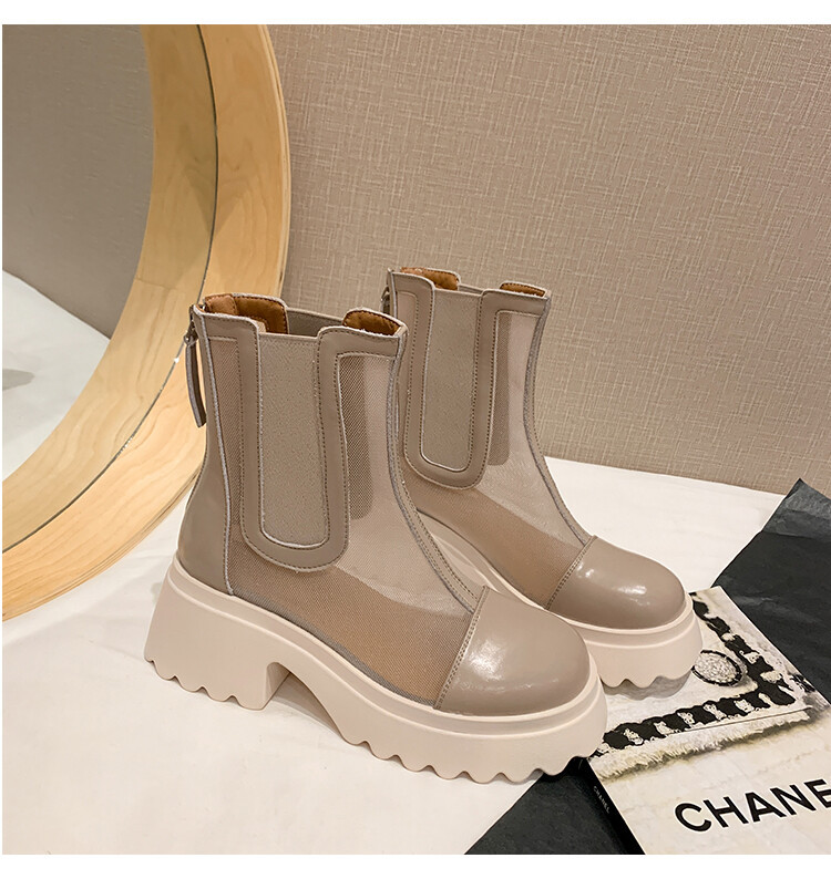 Boot ngắn nữ da bò mũi tròn đế dày thoáng khí khóa kéo sau — Màu đen, Màu mơ chi tiết 73