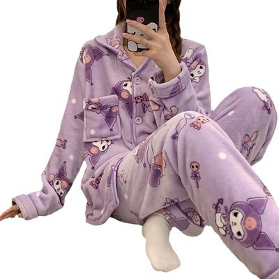 Pijamas de Coral para Mujer, Otoño e Invierno 2025, Nuevo Estilo, Franela Gruesa con Forro Polar, Conjunto de Ropa de Estar con Dibujos Animados, Se Puede Usar en Exteriores. image 6