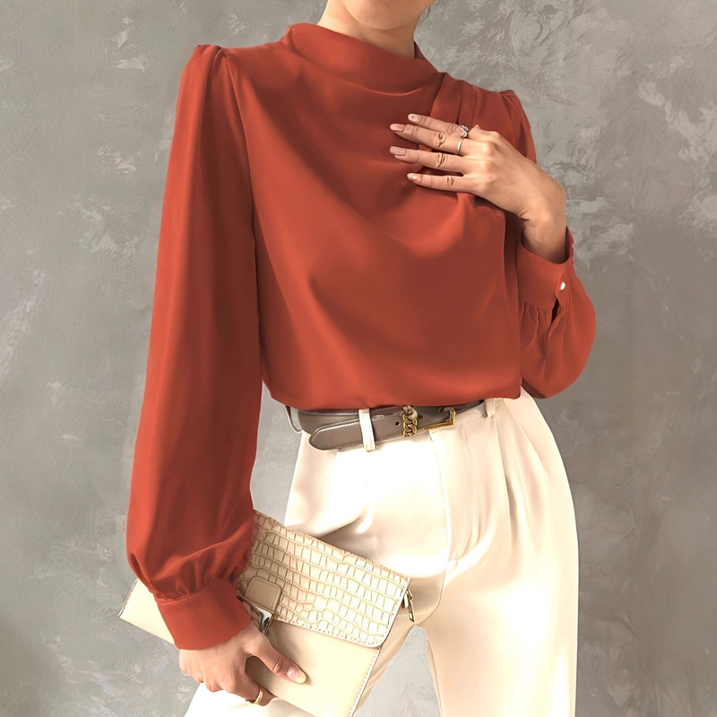 Elegant Elegant Red Brown Shirt for Women, High Collar Loose Design Long Sleeve Top, Fashionable and Versatile Draped Work Clothing