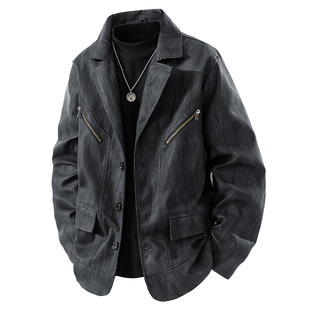 European and American Men's Leather Suit Tops Motorcycle Lapel Men's Retro Pu Leather Jacket Trendy Brand New Slim Jacket for Men