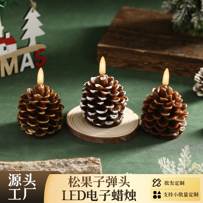 跨境新品圣诞节彩绘松果造型石蜡LED子弹头蜡烛灯装饰氛围道具|undefined