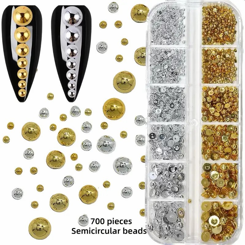 Amazon Gold and Silver Semi-Circle Pearl Nail Art Accessories Acrylic Metal Flat-Bottomed Nail Decorations Acrylic Nails