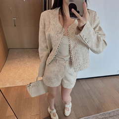 法式高级感重工立体精美绣花蕾丝外套＋短裤两件套时尚套装女