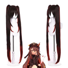 动漫原神假发  胡桃 cosplay假发双马尾辫子虎口夹长直发玫瑰网套